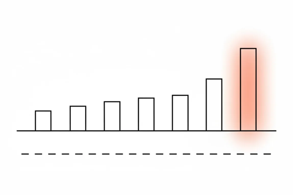 Line drawing of a row of short vertical bars with one bar spiking far above the others, softly stained coral, above a dashed threshold line.