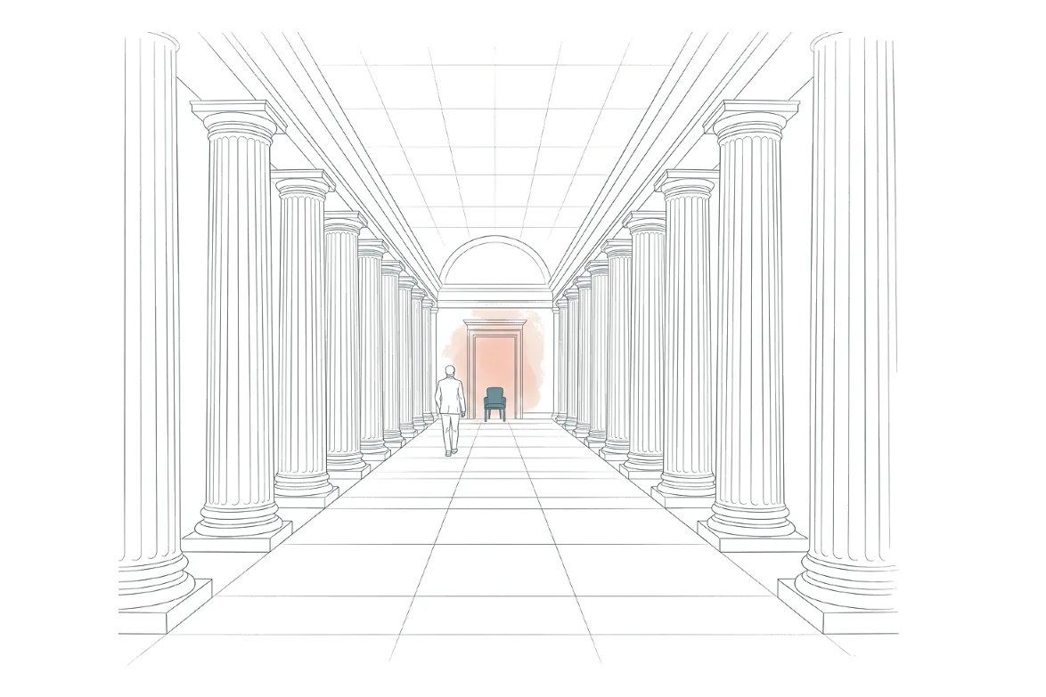 Architectural line drawing of a long colonnade receding to a vanishing point, with a single figure walking down it.