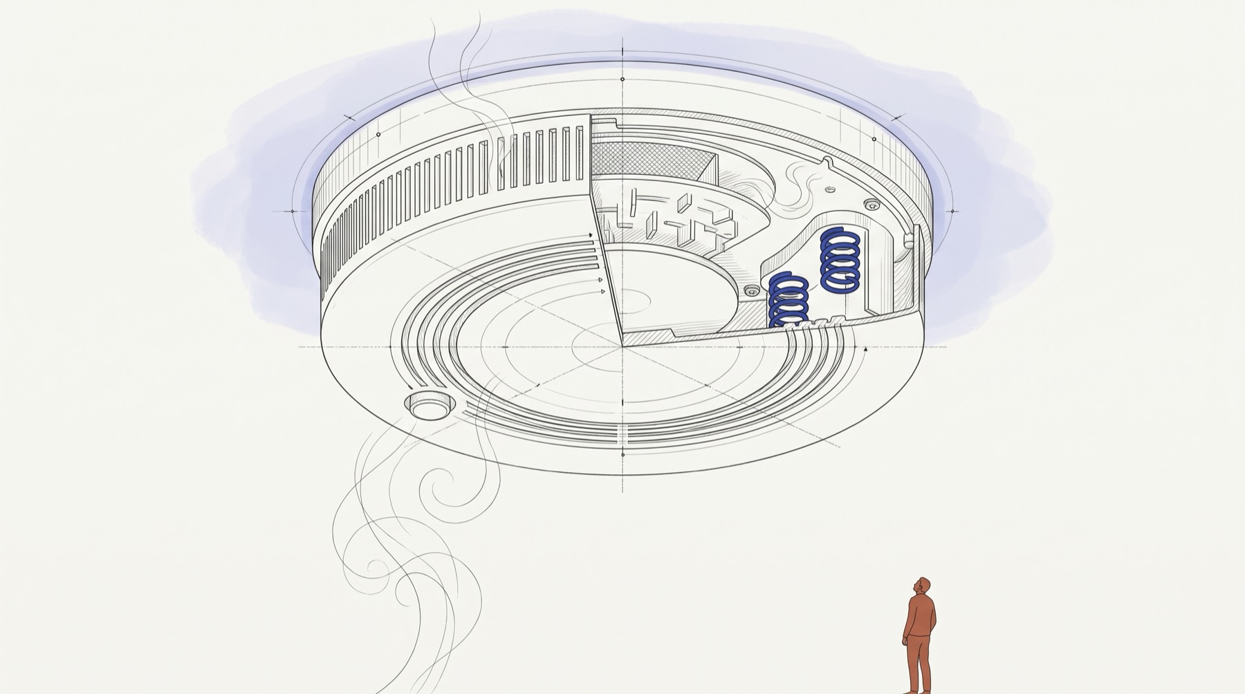 Cutaway technical plate of a ceiling smoke alarm. Smoke rises through the louvres and into the sensing chamber, the alarm horn is silent, and the only saturated element in the drawing is the pair of empty battery contacts. A small figure stands on the floor below, unaware.